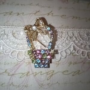 Vintage Multicolor Crystal Easter Basket Brooch